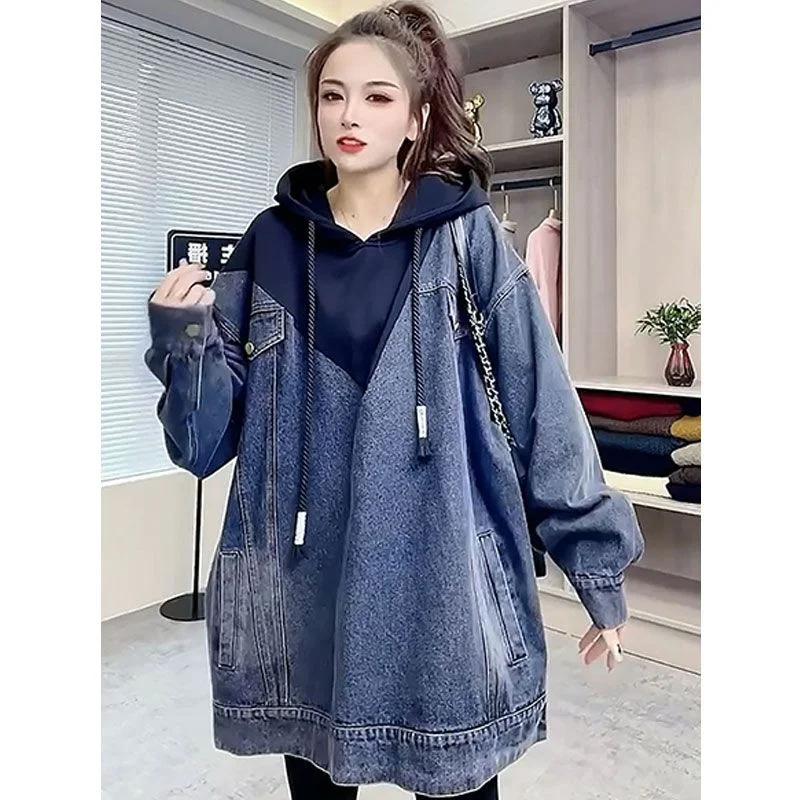 

plus Size Women's Denim Hoodie Spring Loose Casual Faion Mid-Length Top Button Splice Long Sve Commute Sle And P...