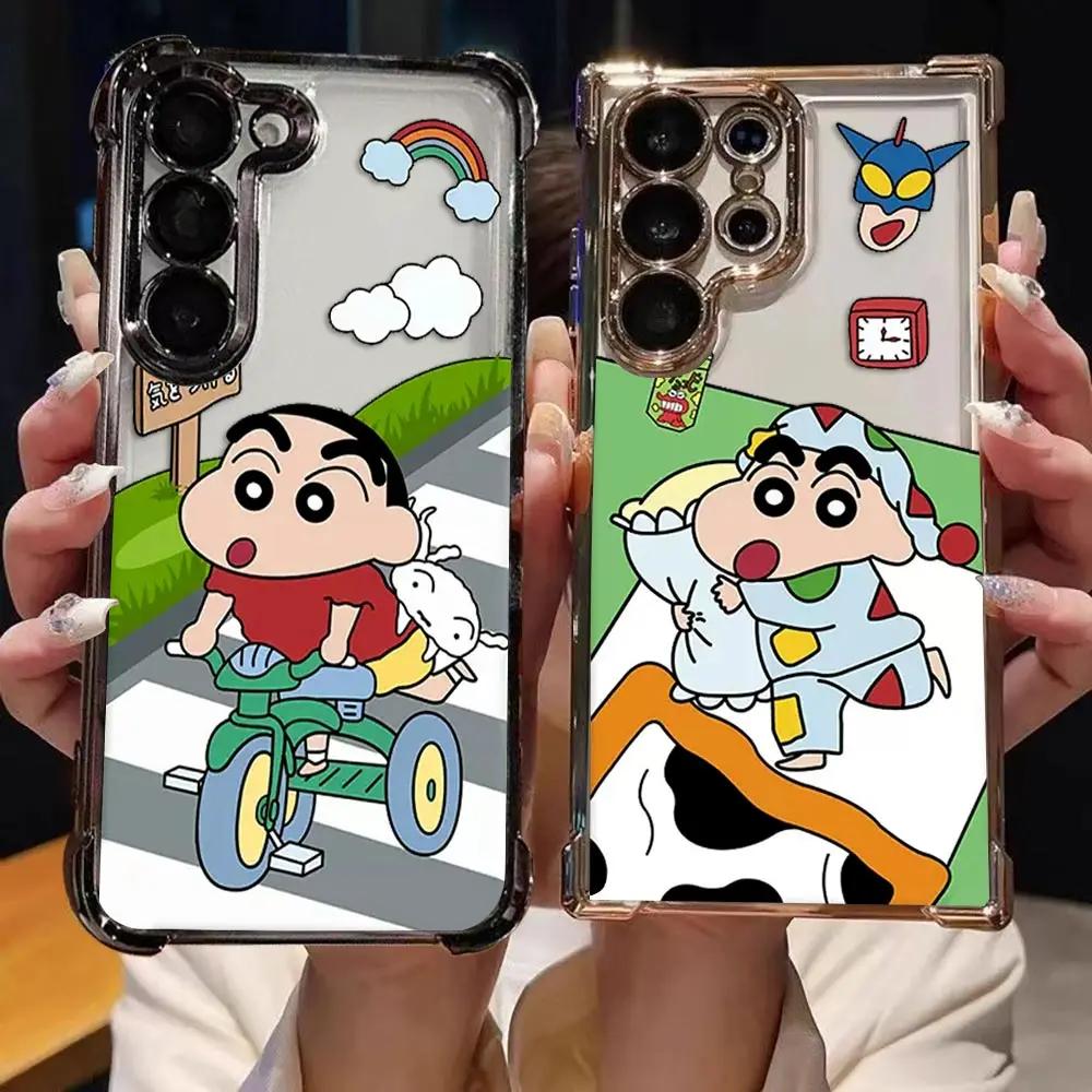 Transparent Plating Phone Case For Samsung S26 S25 S24 S23 S22 S21 S20 FE NOTE 20 PLUS ULTRA Cover Cartoon C-Crayon S-Shin Chan