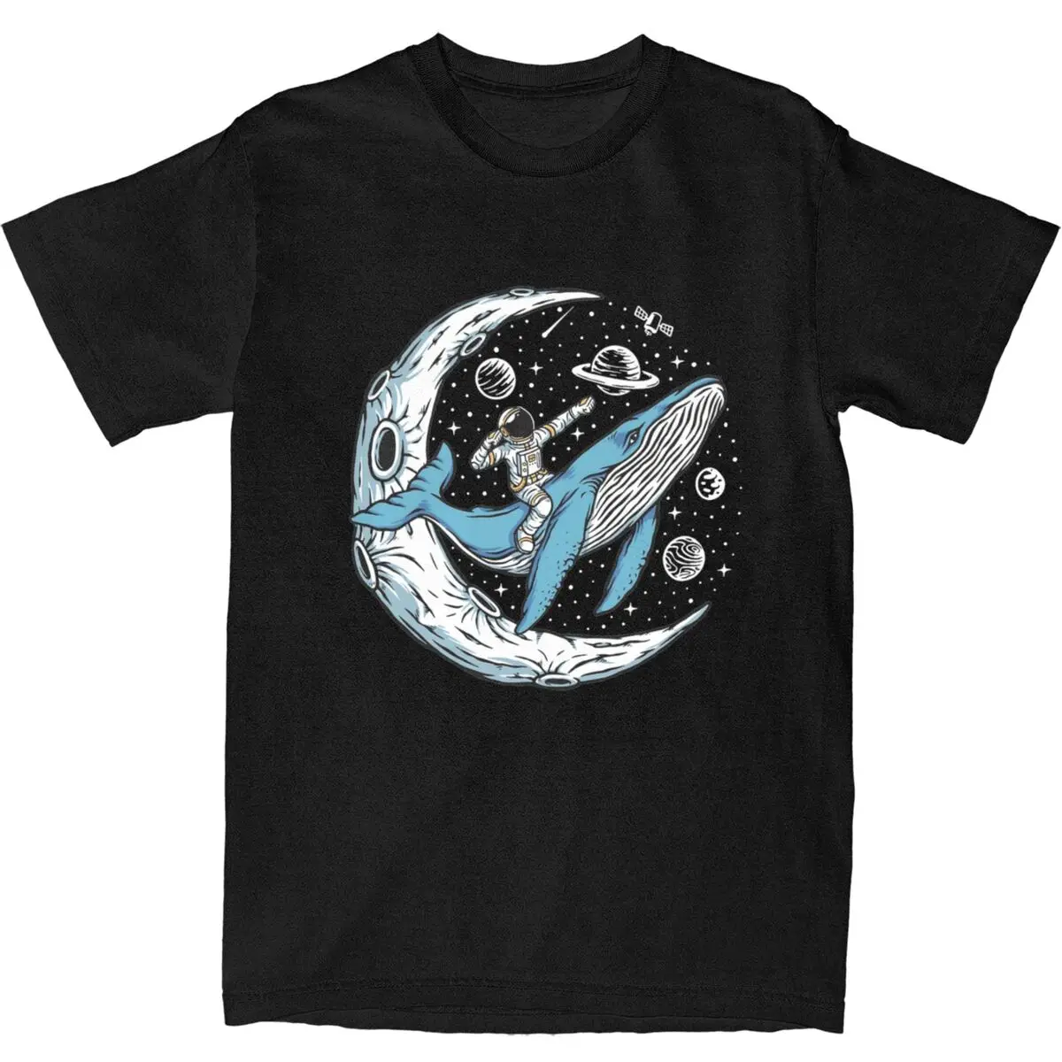 Astronaut Riding A Blue Whale Near The Crescent Moon T-Shirt Summer Vintage T-Shirts 100% Cotton Hipster Tee Shirt For Men