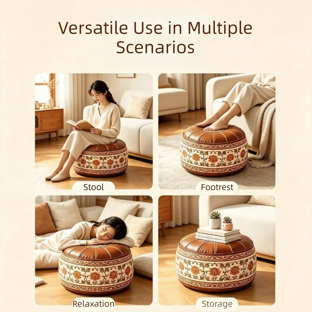 PU Leather Lotus Print Seat Cushion Cover Unstuffed Vintage Sofa Stool Cover Large Capacity Waterproof Clothes Storage Bag