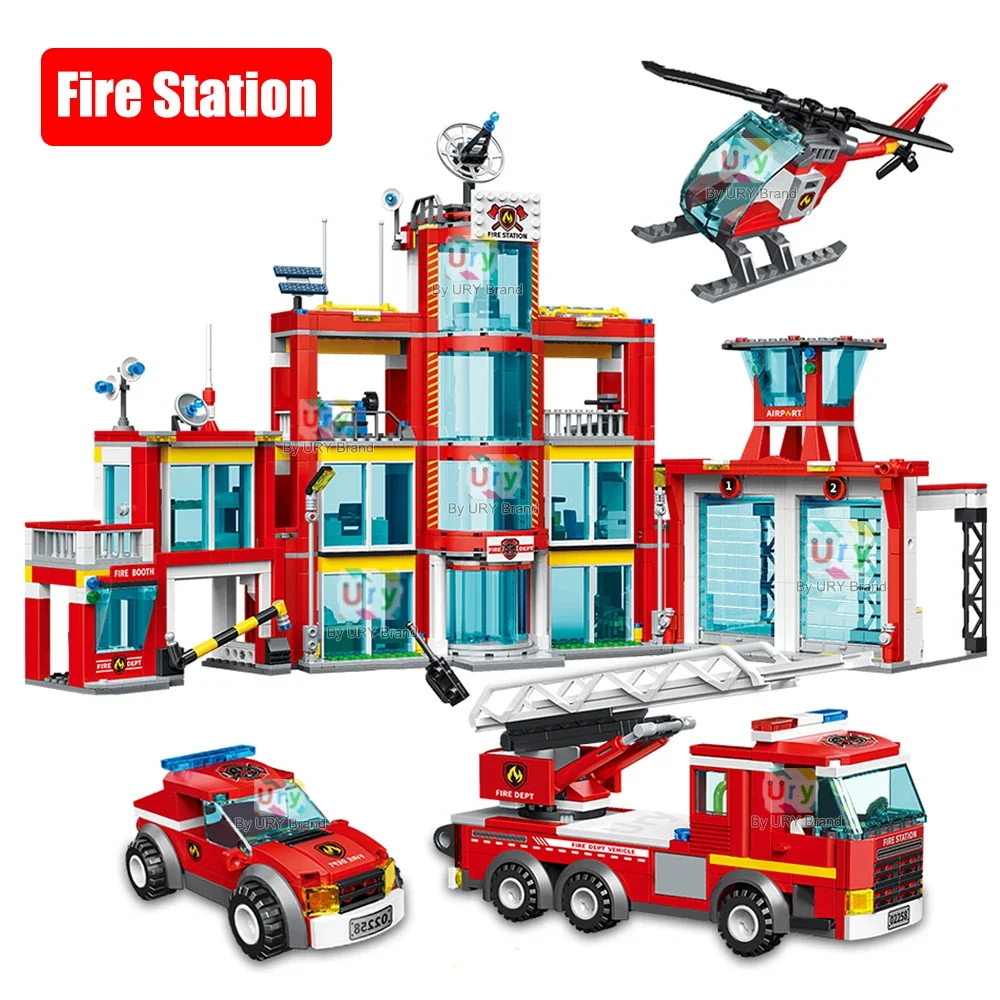 

City Fire Station Ladder Truck Helicopter Car Rescue Boat Firefighter Figure Aircraft Model Moc Building Blocks Toy for Boy Gift