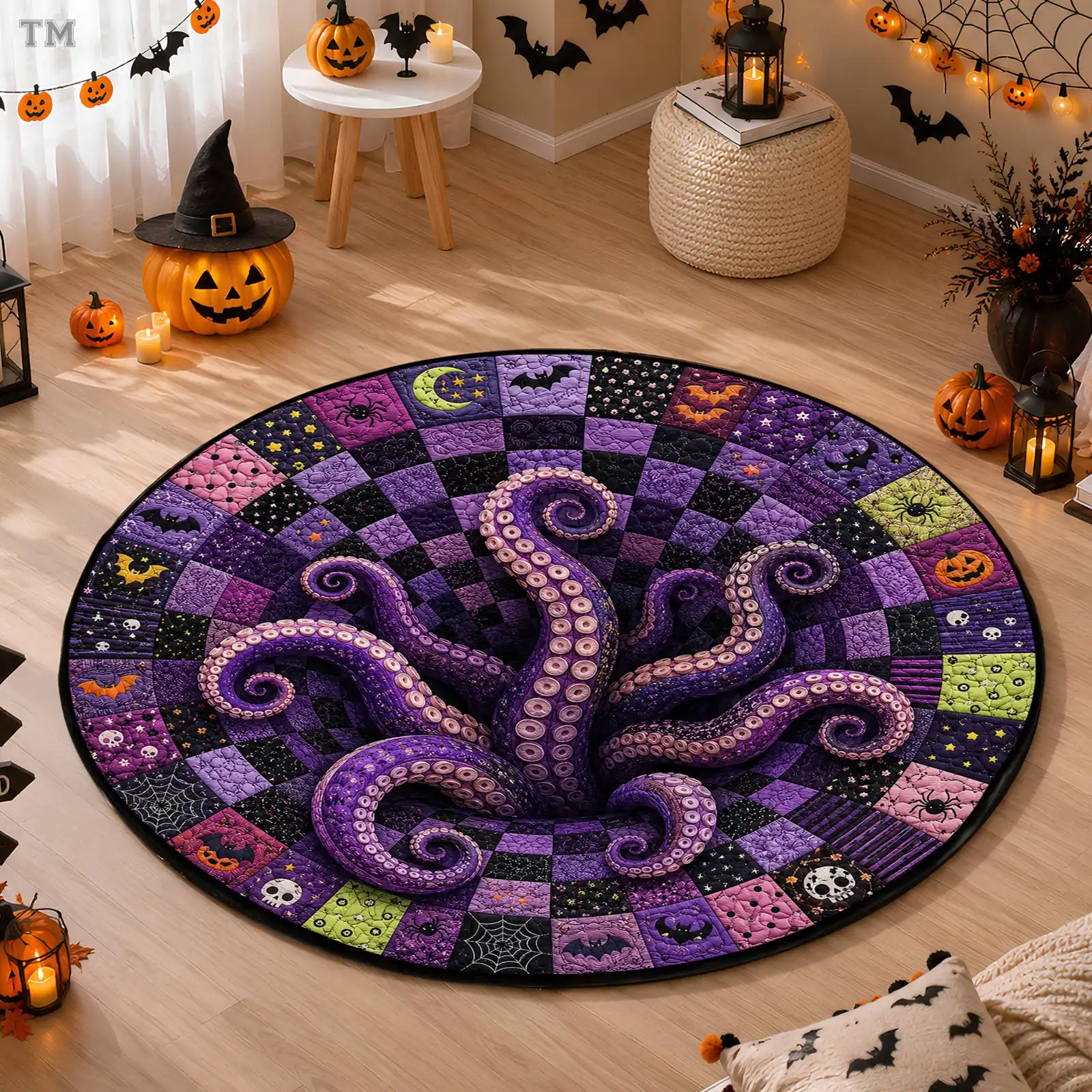 3D Illusion Rug with Octopus Tentacle Patchwork Print 80x80cm for Living Room Bedroom Dorm