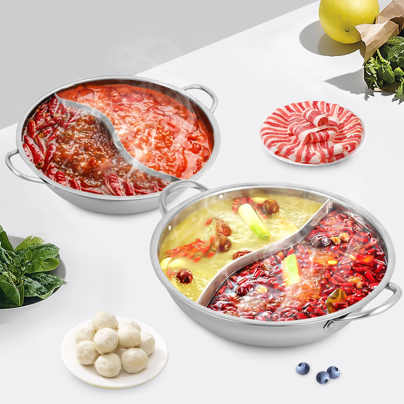 Pentola Shabu Shabu da 34 cm con coperchio in vetro, pentole per zuppa per piano cottura a induzione, fornello a gas, doppio lato, antiaderente, facile da pulire