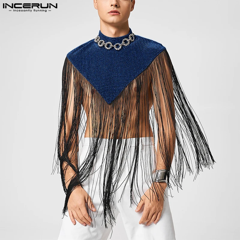 

INCERUN Men Tank Tops Tassel Patchwork Shiny Turtleneck Sleeveless Irregular Cloak Cape Men Streetwear 2025 Fashion Thin Vests