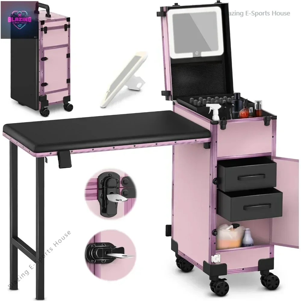Rolling portable folding nail enhancement table with 2 drawers, mirror and nail polish, lockable cosmetic train box and