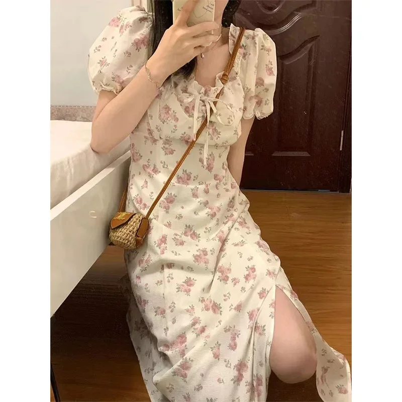 فساتين نسائية قصيرة الأكمام برباط منقوش عليه زهور ومزاج جميل للسيدات Y2k فستان كوري عتيق عالي الخصر من Vestidos 원ipiС