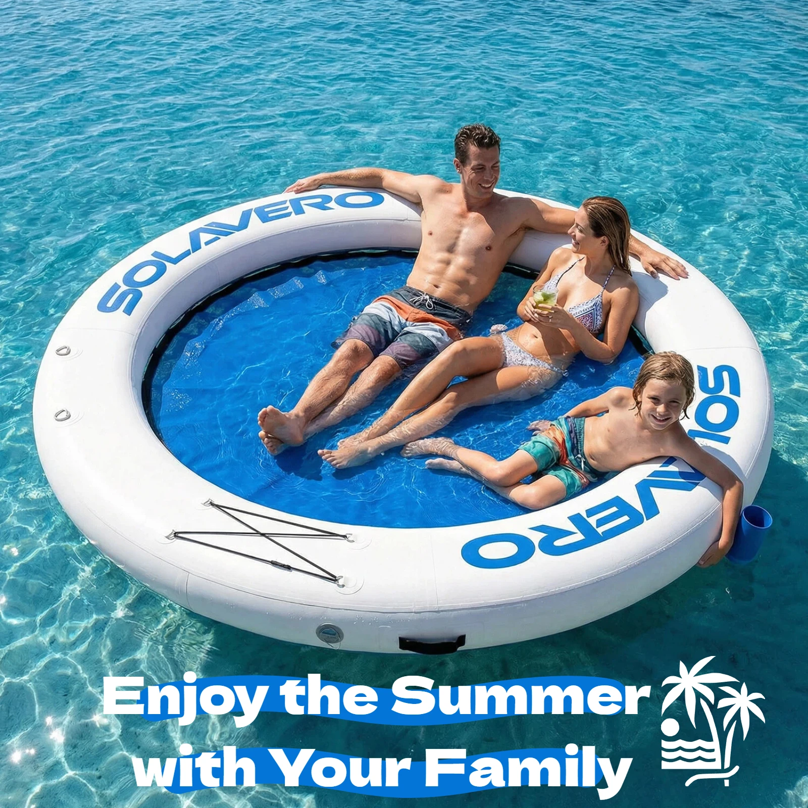 8FT Round Inflatable Water Floating Platform, 3-4 Person Inflatable Swim Raft with Comfortable Center Mesh, Non-Slip Ladder, Cup Holders, Pump, Repair Kit, Carry Bag & Anchor Rope, 660LBS Load Capacity, for Pool, Lake, Beach & Yacht, 2 Colors Available