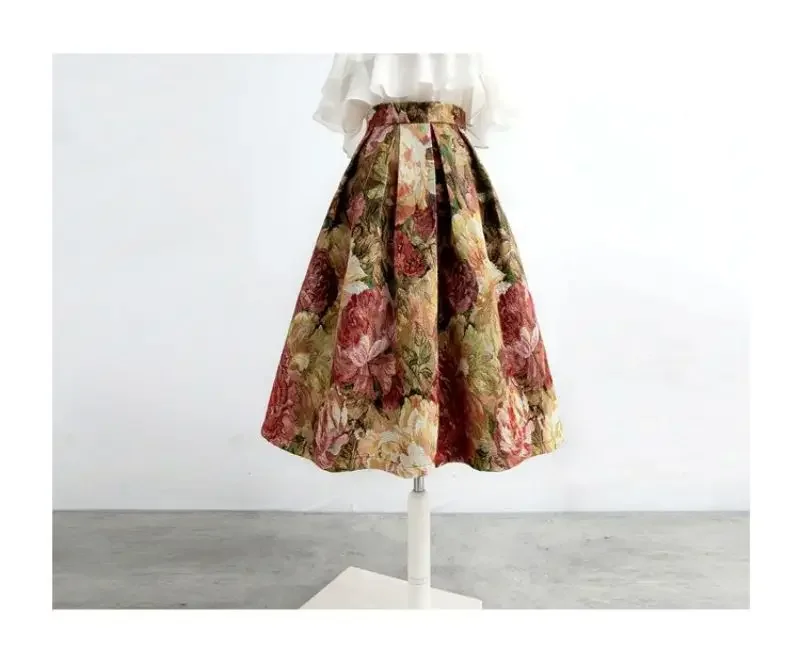 Französisch Malerei Floral Elegante Chic Hohe Taille Ballkleid Lose frauen Rock Knielangen Lange Röcke Für Frauen Kleidung mode – Detail 9