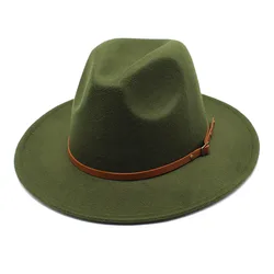 Navy green fedora hat autumn and winter big brimmed hat men and women felt hat Panama jazz fedora шляпа женская cowboy hat