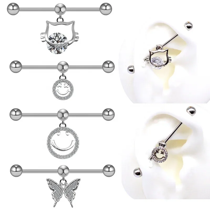 Butterfly Industrial Studs Stainless Steel Ear Bone Stud Piercing Smile Long Studs Cat Head Devil Earrings Jewelry