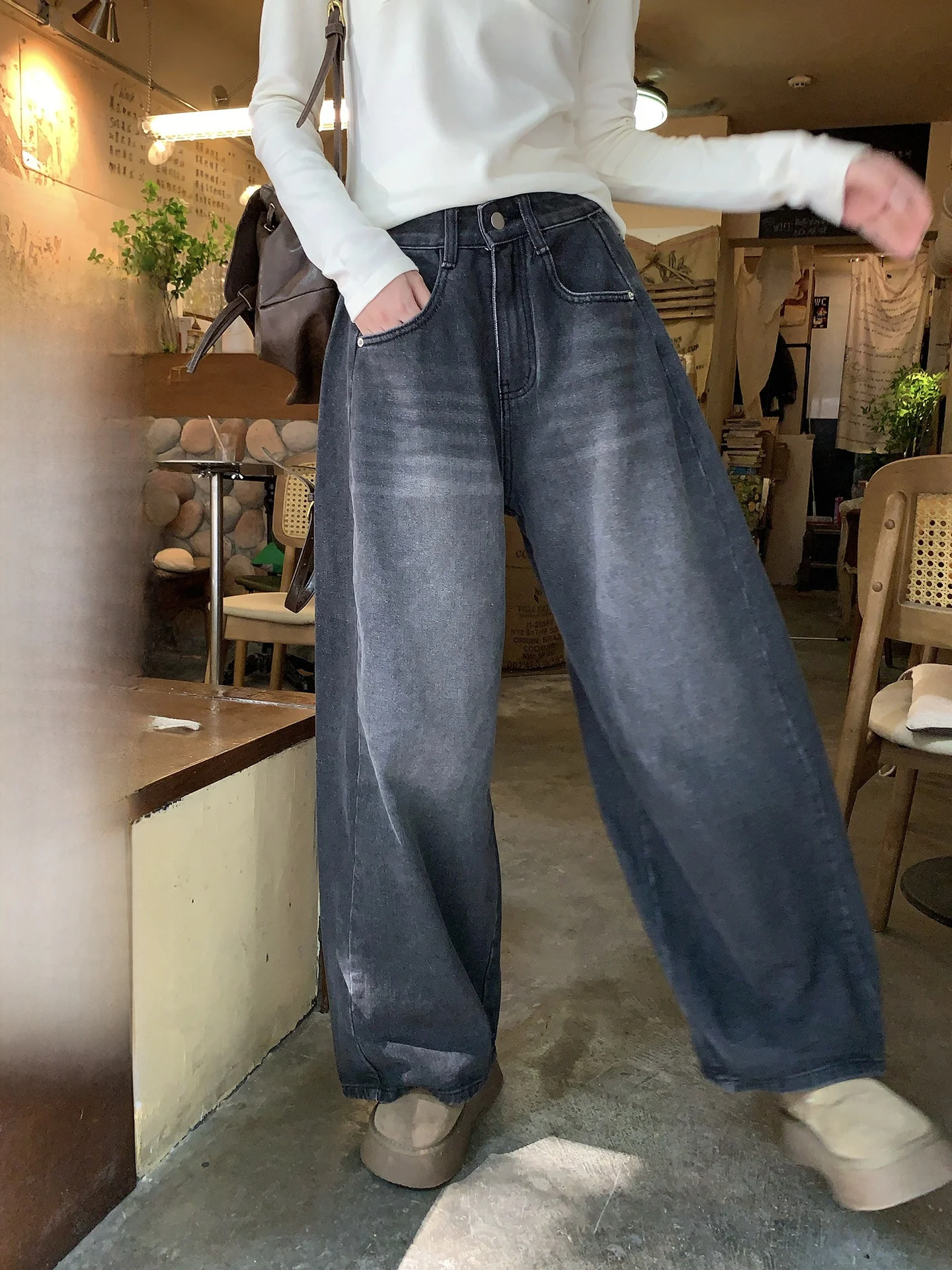 

Джинсы Holli American Retro Lazy Sle с высокой талией, свободные, стройнящие, из выцветшего денима, женские, новинка 2025, повседневные, прямые брюки