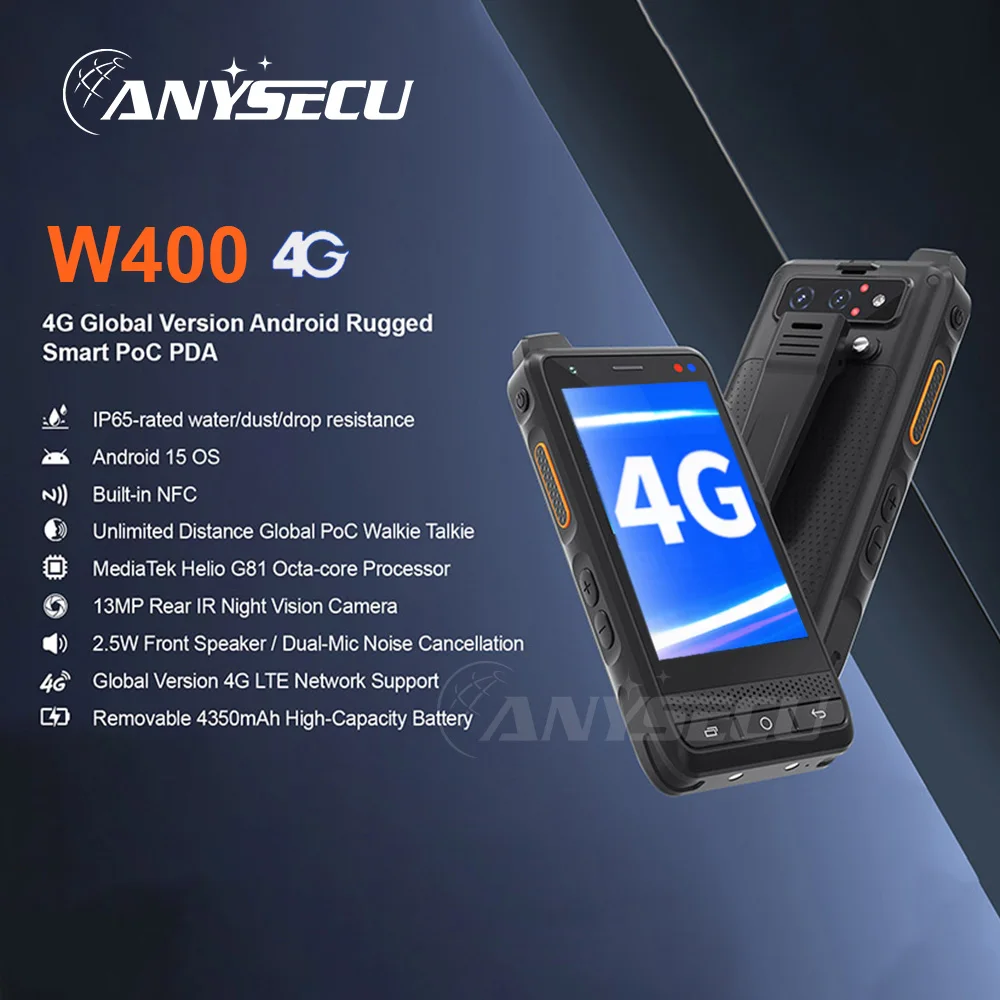 

ANYSECU W400 PDA resistente con Walkie Talkie PoC Zello lP65 Smartphone Android 15 4350mAh 4G rango Global Walkie Talkie NFC