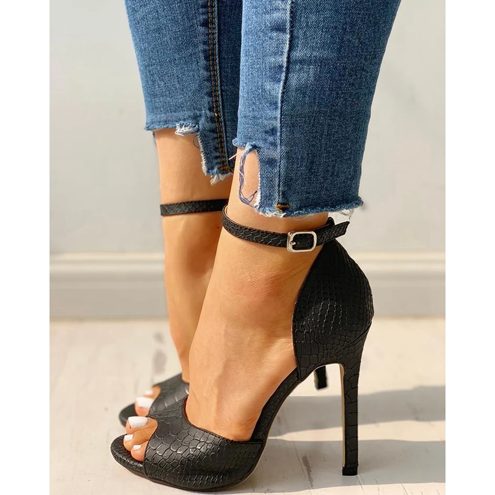 Fashion Women Snake Skin Pattern Peep Toe Cover Heeled Buckle Strap Pumps Pu Sandals Female Thin High Heel Party Summer Shoes