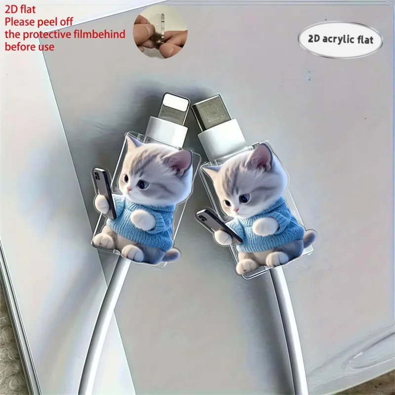 2D Flat 2pcs Cute Cat Phone Charger Cable Protectors Adorable Kitten Design Connector Cover For iPhone Type-C Charging Interface