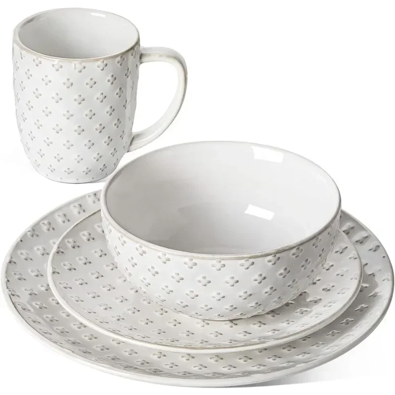 

Dinnerware Sets 4 Piece Ceramic Plates and Bowls With Mugs Set Housewarming Gift Serve for 1Clover-Arctic White