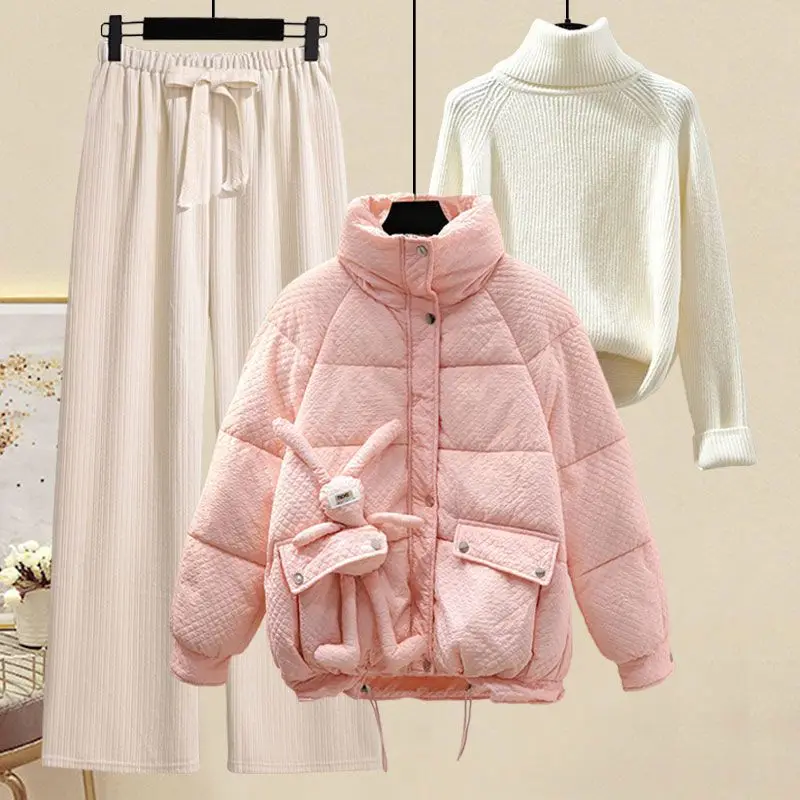 

Women Winter Thicken Warm Tracketsuit Sweet Suit Rabbit Parkat Jacket+Turtleneck Sweater And Pant Three Pieces Set Outwear Cloth