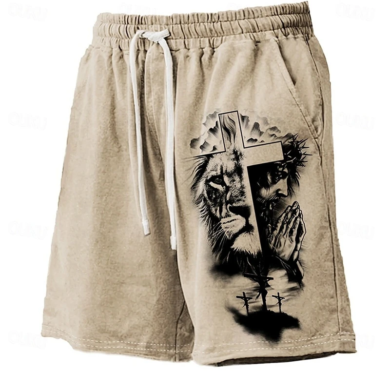 Lion Cross Faith Pattern Board Shorts For Men Fashion Summer Simple Quick Dry Breathable Beach Short Loose Jesus Street Trunk