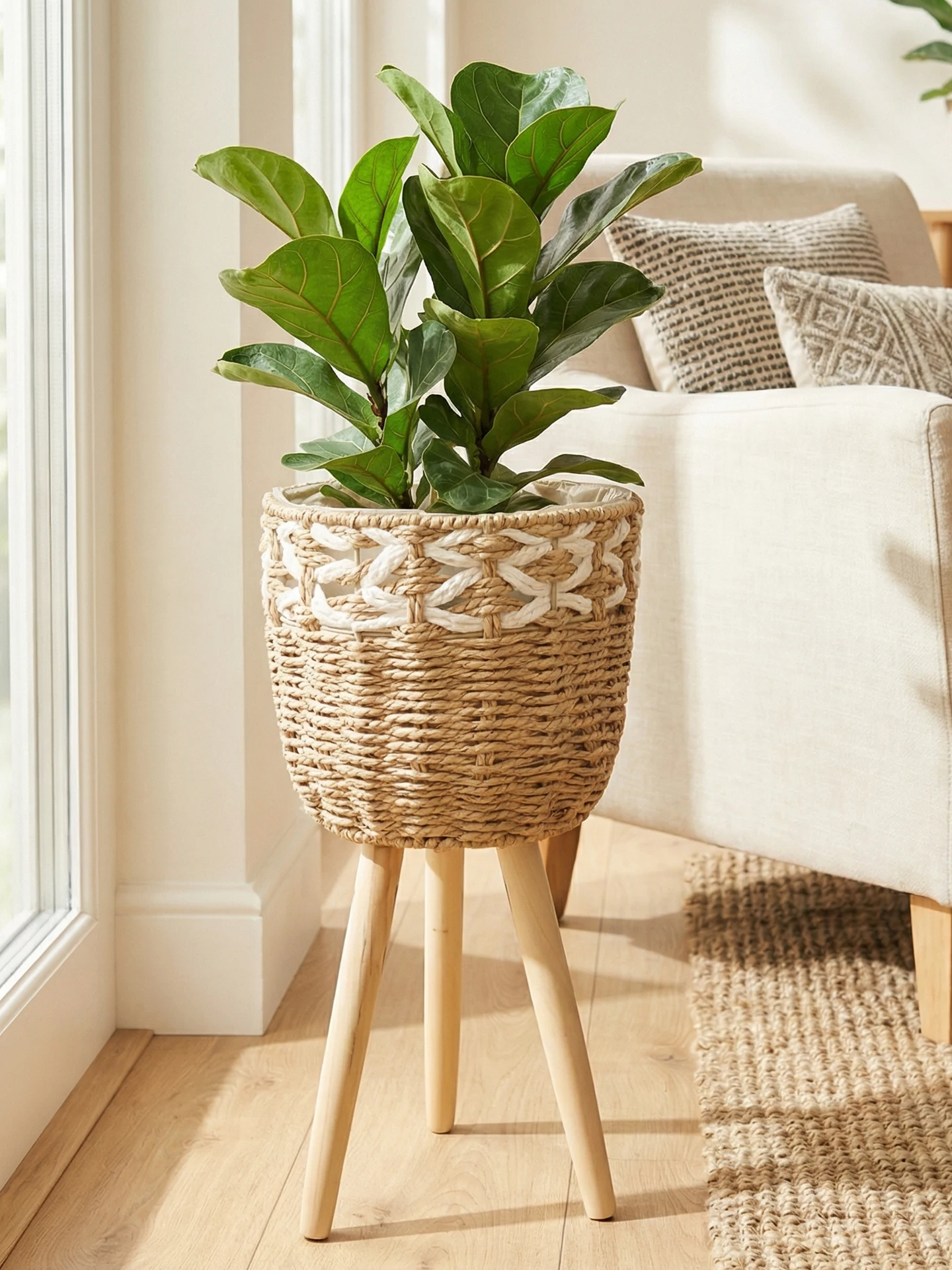 Nordic Creative Wicker Grass Bamboo Basket Wooden Floor Standing Living Room Decor Green Ivy Plant Pot Home Decoration