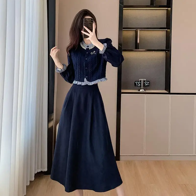 

2 P Set Ruffles Knitted Splicing Shirt Top + A-Line Midi Skirts 2024 Autumn Fashion Two Pieces Set Korean Women Vintage Elegant