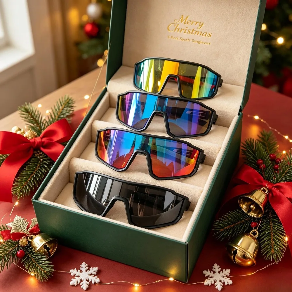 Men's and Women's Sports Sunglasses 4-Piece Set, Oversized Windproof Riding Glasses, Anti-Ultraviolet Polarized Outdoor Sun Umbrella, Suitable for Running, Fishing and Driving. Recommended Christmas and Halloween Gifts, Random Colors