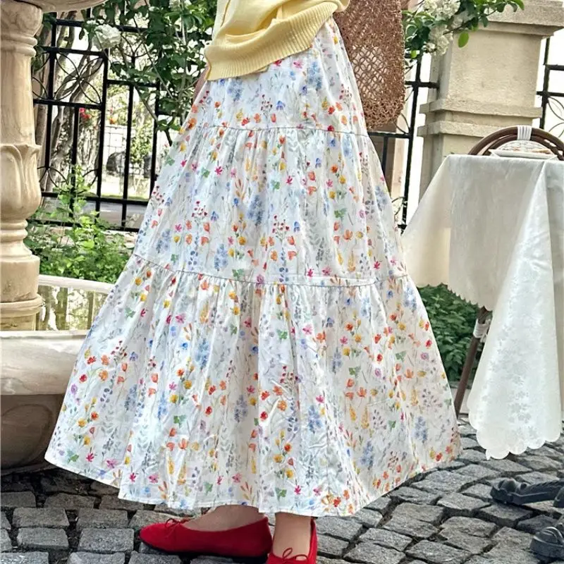 Women's Summer Chic Floral Half Skirts Korean Lady Graceful High Waist Long Skirt 2025 New Travel Clothing Female