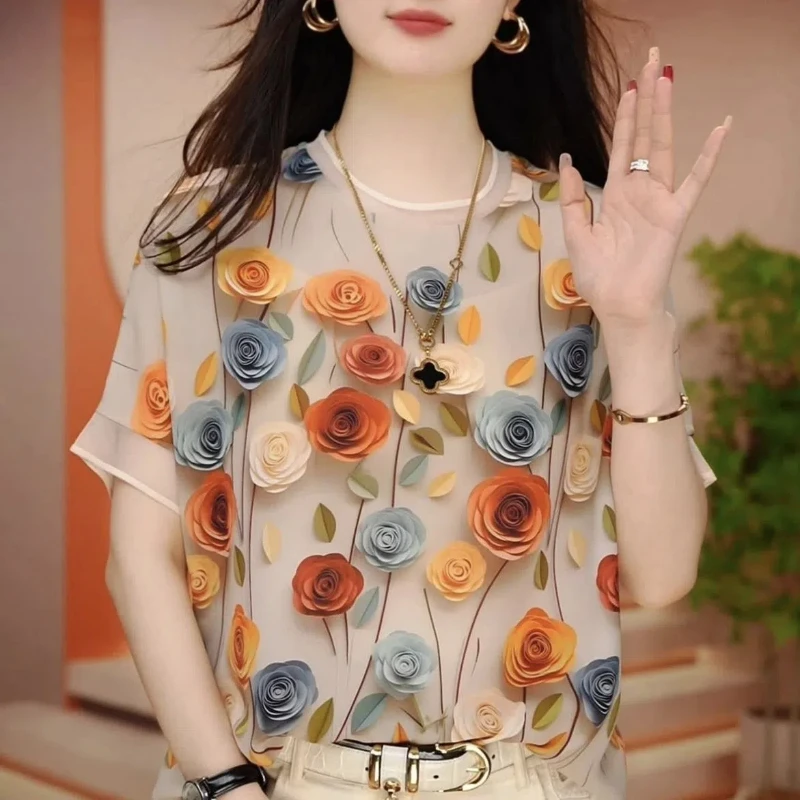 Vintage Women\'s 2024 Summer New Pullover O-Neck Patchwork Printed Gauze Fashion Slim All-match Casual Short Sleeve Chiffon Tops