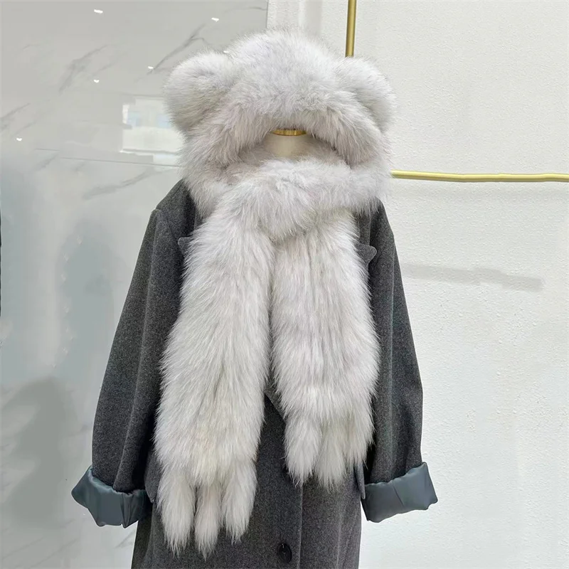 Cute Bear Real Fox Fur Scarf Winter Warm Knitted Integrated Snow Hat Women\'s Dual Purpose Fur Hat Outdoor Warm Scarf With Hood