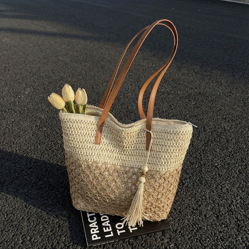 

Trendy Woven Shoulder Bag Stylish Color Block Tote Large Capacity Lightweight Foldable Waterproof Storage Beach Bag for Women