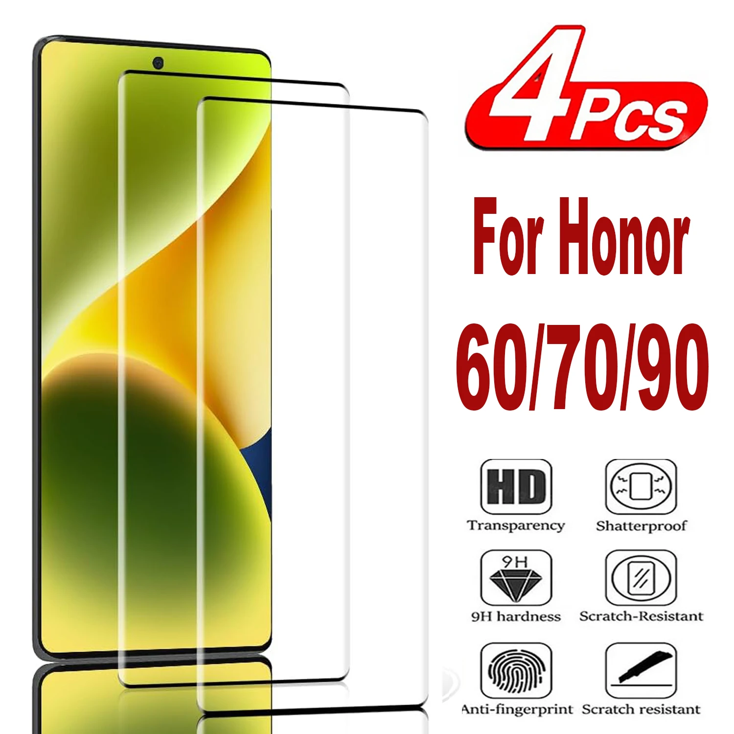 2/4Pcs Tempered Glass For Huawei Honor 60 70 90 50 3D Curved Ultrasonic Fingerprint Screen Protector