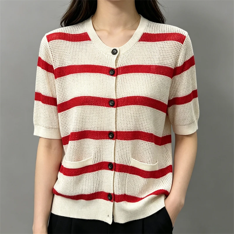 Summer 2026 Women's round Neck Striped Hollow Short Sleeve T-Shirt High-Quality Fashion Casual Single Button Knitted Cardigan