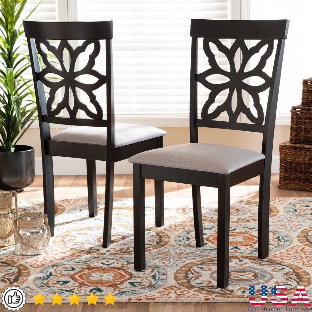 

Modern Grey Fabric Upholstered Dining Chair Set of 2 with Dark Brown Wood Legs and Unique Cut-Out Back Design Indoor Use
