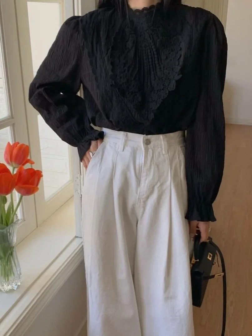Chic début automne Vintage Court Sle dentelle garniture ample longue Sve femmes irt col montant cloche Sve trajet Faion