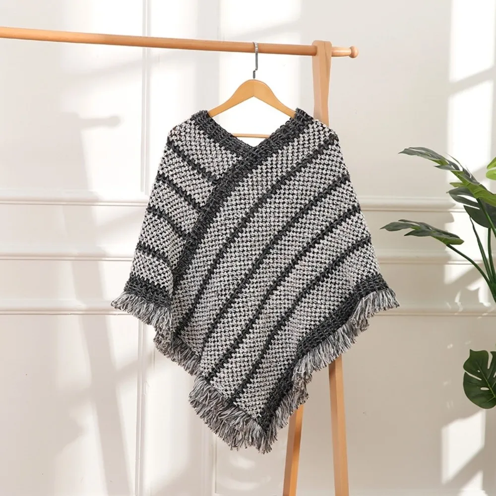 

Модная осенне-зимняя теплая вязаная шаль в этническом стиле в полоску, монгольское пончо, пальто, накладки для женщин и девочек