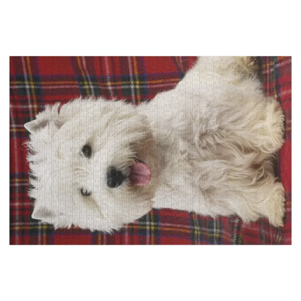 West Highland White Terrier on a Scotch Plaid Jigsaw Puzzle Wooden Jigsaws For Adults Baby Toy Customized Photo Puzzle