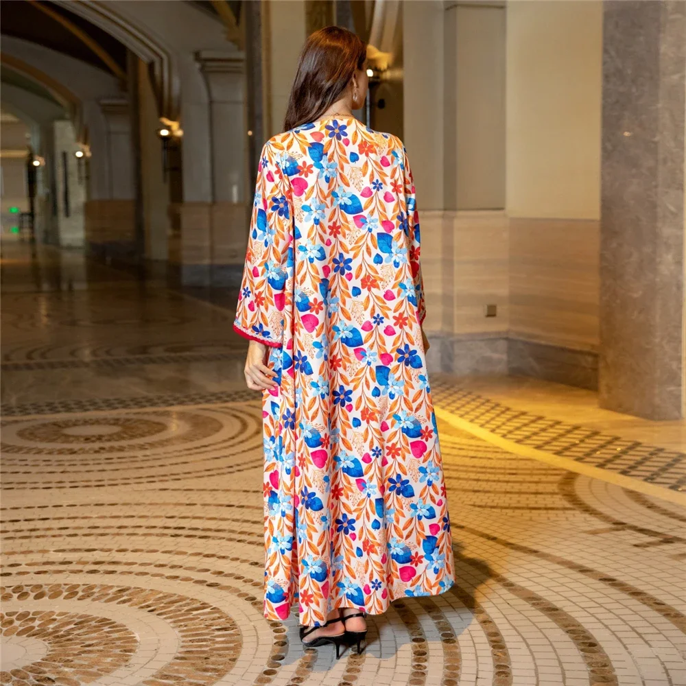 Luxury Diamonds Abayas for Women Floral Print Maxi Dress Muslim Abaya Dubai Kaftan Turkey Robe Eid Djellaba Islam Jalabiya Gown