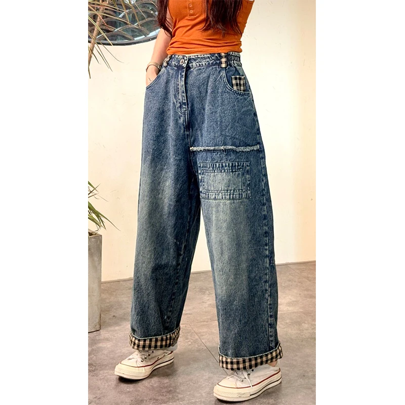 Masss Wasss Designer Automne Femmes Vintage Plaid Jeans Lâche Pantalon En Denim Décontracté 2025 Dames Classique Décontracté Taille Haute Pantalon
