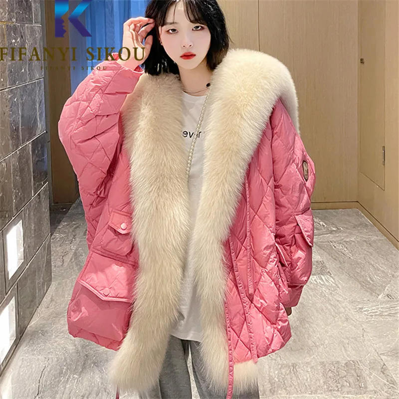 

High Quality Down Jackets Women Parkas Faux Fox Fur Spliced Fashion Lace-up Loose Cotton Coat Thick Warm Winter Jacket Female