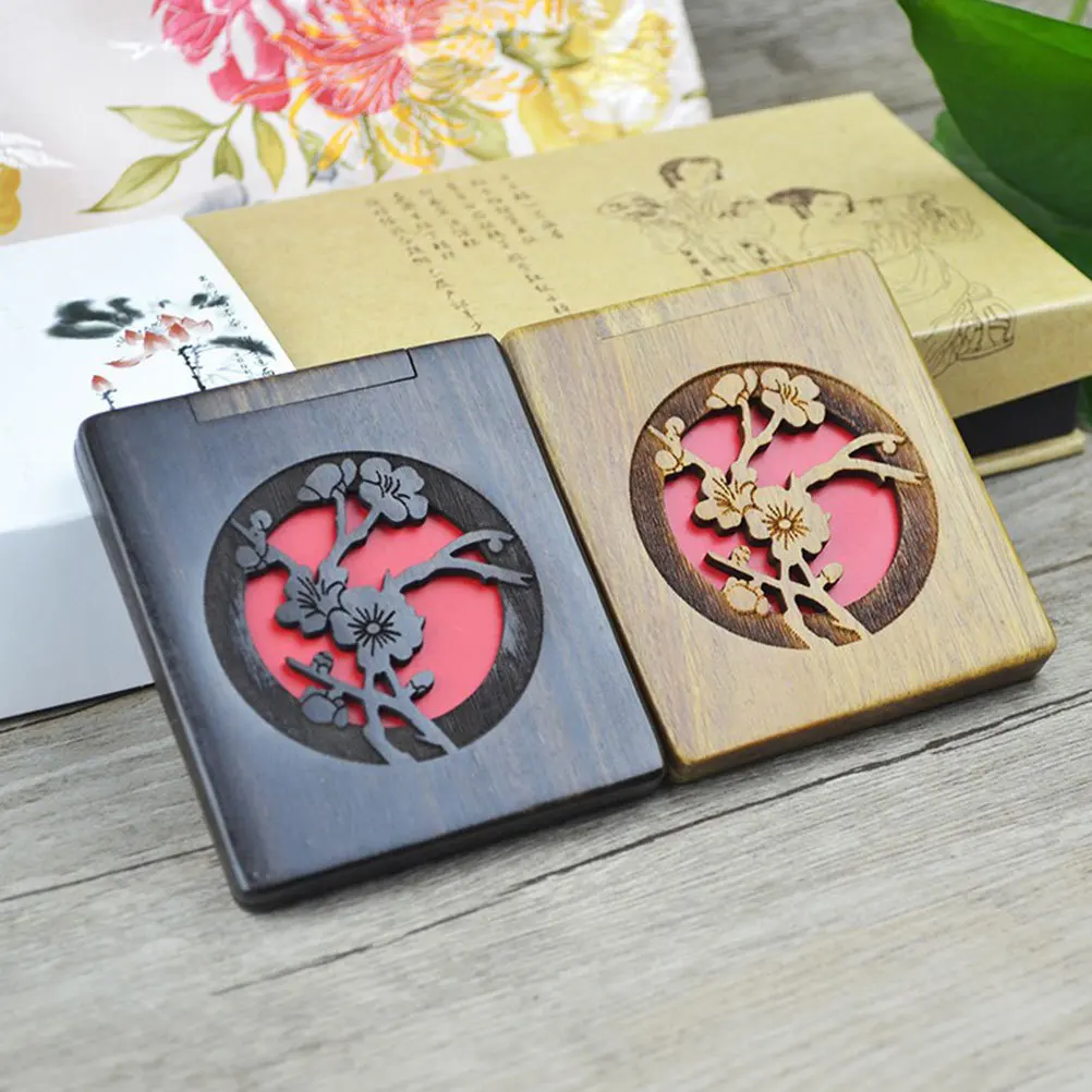 1 個のポータブル絶妙な金属製化粧鏡ヴィンテージ木製ミラー、美しいパターンと中空デザインの女性用