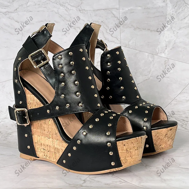 Sukeia Real Photos Women Platform Sandals Wedges Heels Studded Round Toe Elegant Black Party Shoes Ladies US Plus Size 5-20