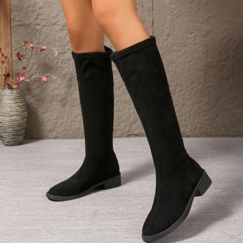 2024 New Women's Versatile Zipper Boots Winter Warm Fashion Platform Round Toe Square Heel Gothic Slim Knee Boots Size 35-44