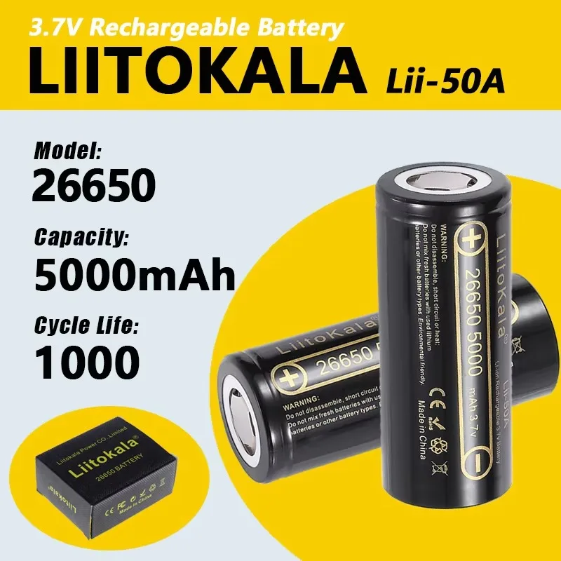 Batterie au lithium LiitoKala Lii-50A 26650 5000mAh 3.7V 5000mAh 26650 Batterie rechargeable 26650-50A Convient pour lampe torche