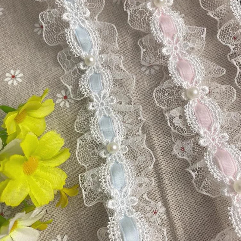 1 Yard Lolita lace Lvory Bead Ruffled Lace Fabric Edging Satin Ribbon DIY Clothing Curtains Furniture Decorations 3.5cm Wide