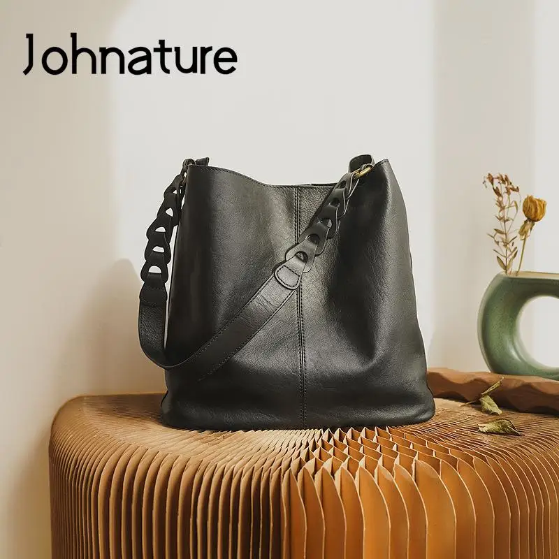 Johnature borsa tote da donna alla moda in vera pelle 2024 nuove borse a tracolla versatili semplici in vera pelle bovina morbida naturale tinta