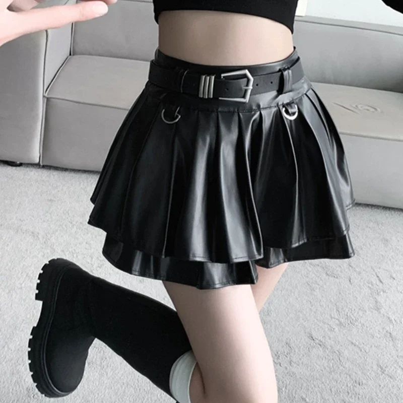

Elegant Pleated Mini Skirt With Belt For Women Comfortable Breathable Fabric Short Dress Metallic PU Skirts