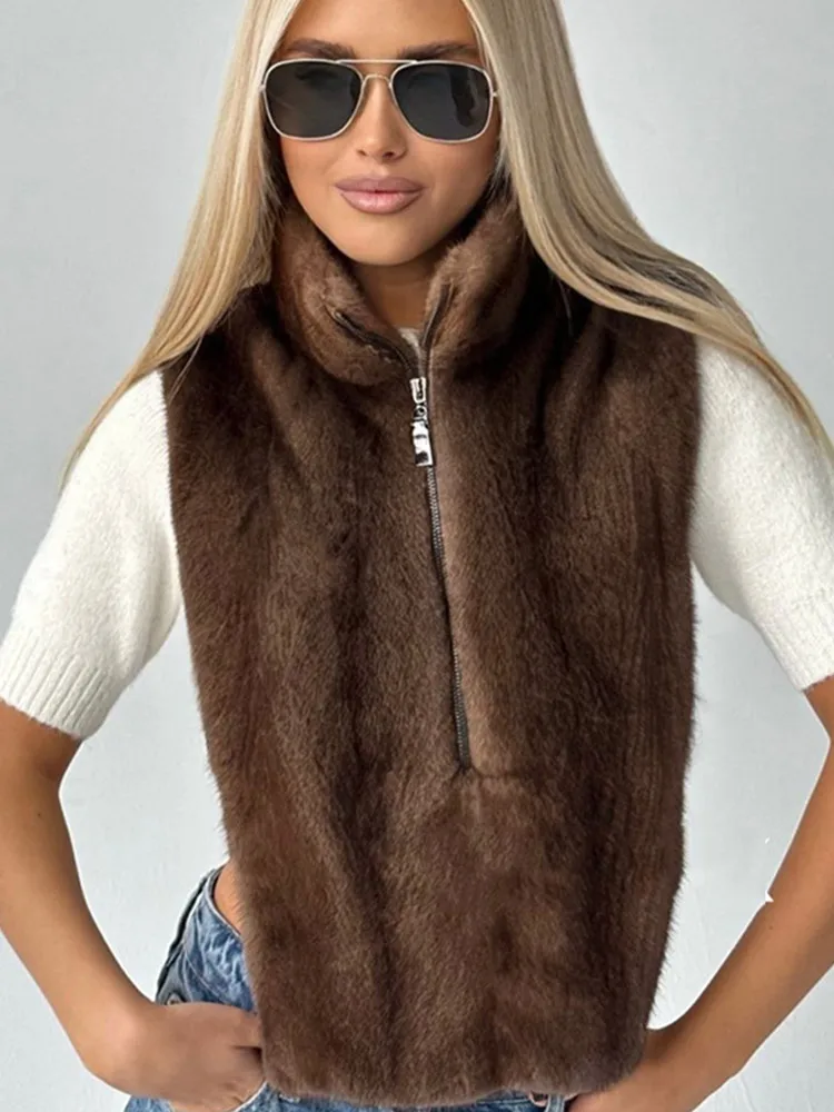 

Solid Faux Fur Shawl Vest Women Fashion Sleeveless Zipper Stand Collar Loose Short Vests Lady 2025 Winter Daily Street Waistcoat