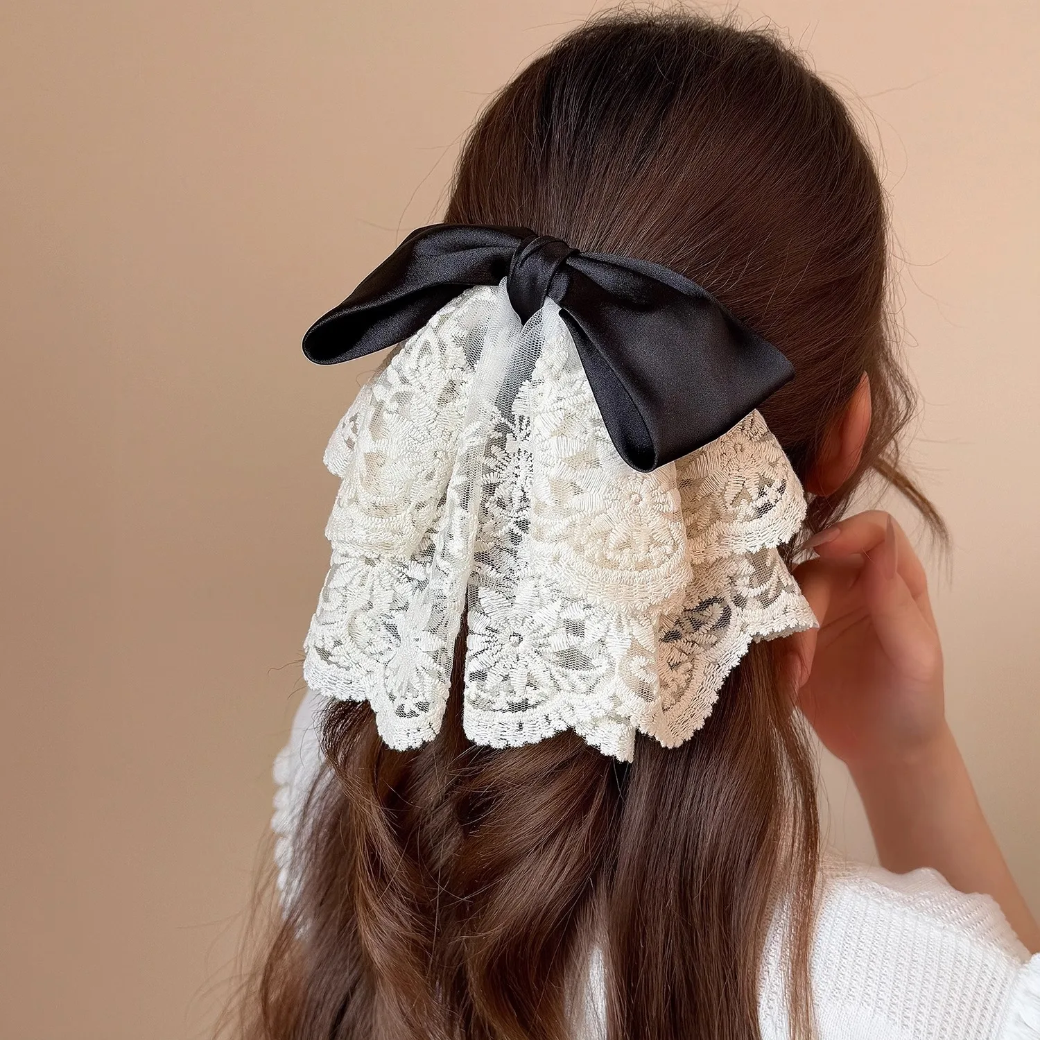 Französischer Stil, bestickte Mesh-Satin-Haarspange mit Schleife, hochwertige Damen-Pferdeschwanz-Haarspange für den Hinterkopf, Haargriff, süßer Haar-Accessoire