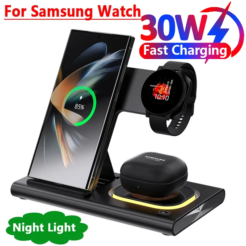 30W 3 in 1 LED Foldable Watch Wireless Charger Stand For Samsung S24 S23 S22 Watch 6 5 4 Active 1 2 Galaxy Buds Fast Charging