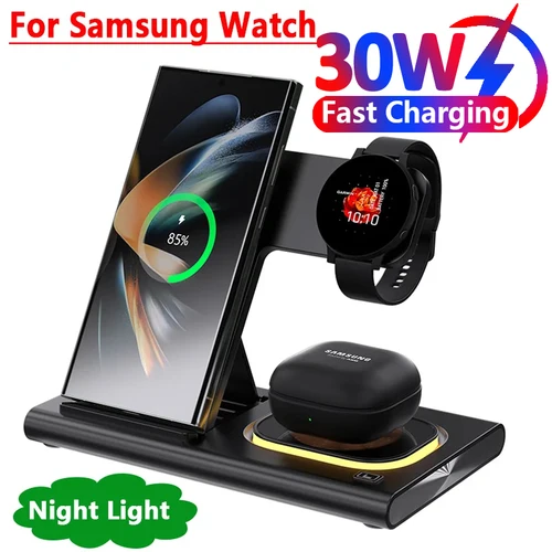 Imagen 1 del producto 30W 3 en 1 LED reloj plegable soporte de cargador inalámbrico para Samsung S24 S23 S22 reloj 6 5 4 Active 1 2 Galaxy Buds carga rápida
