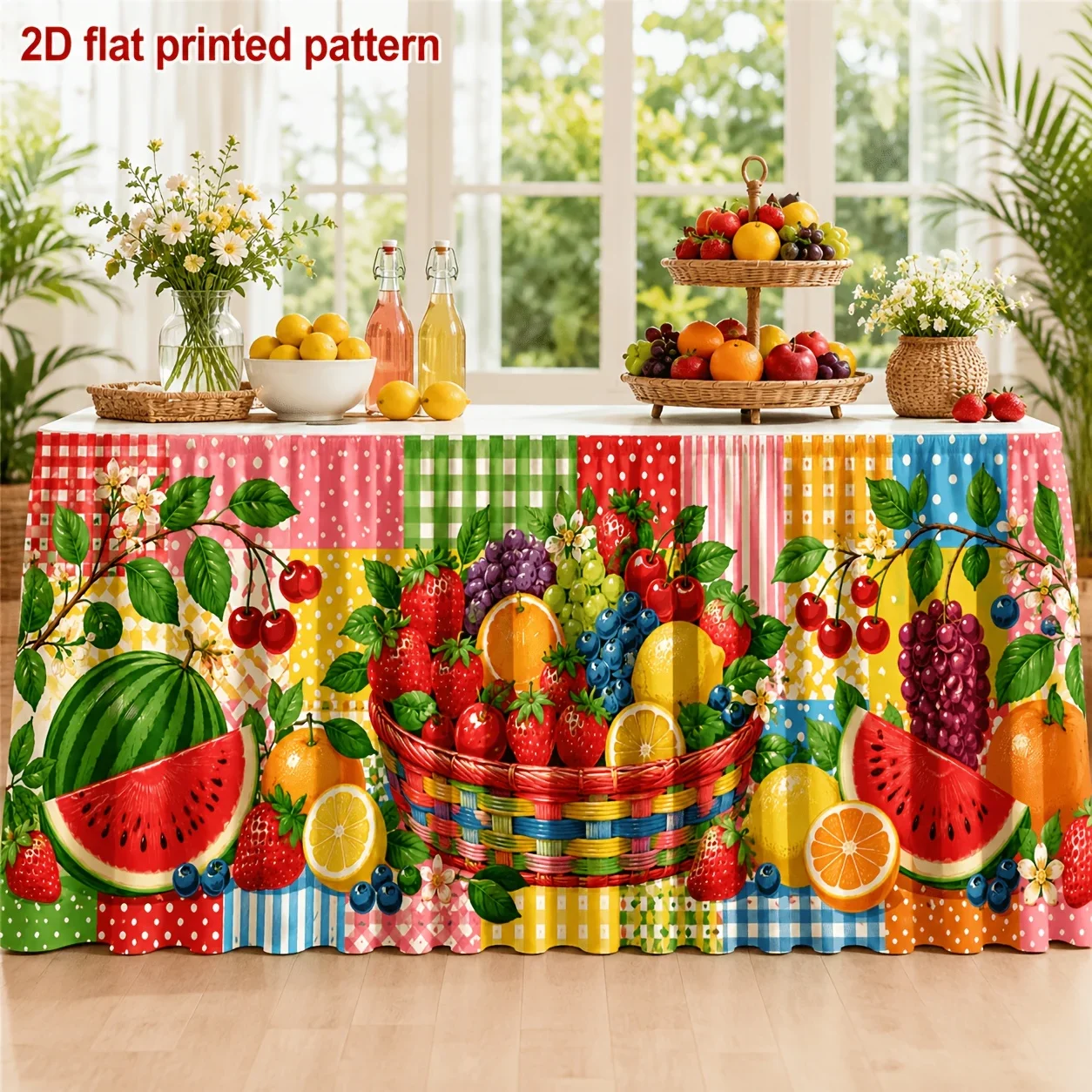 Polyester summer fruit patchwork printed table skirt, suitable for garden dinners, picnic, brunch, party or market eventsxzj