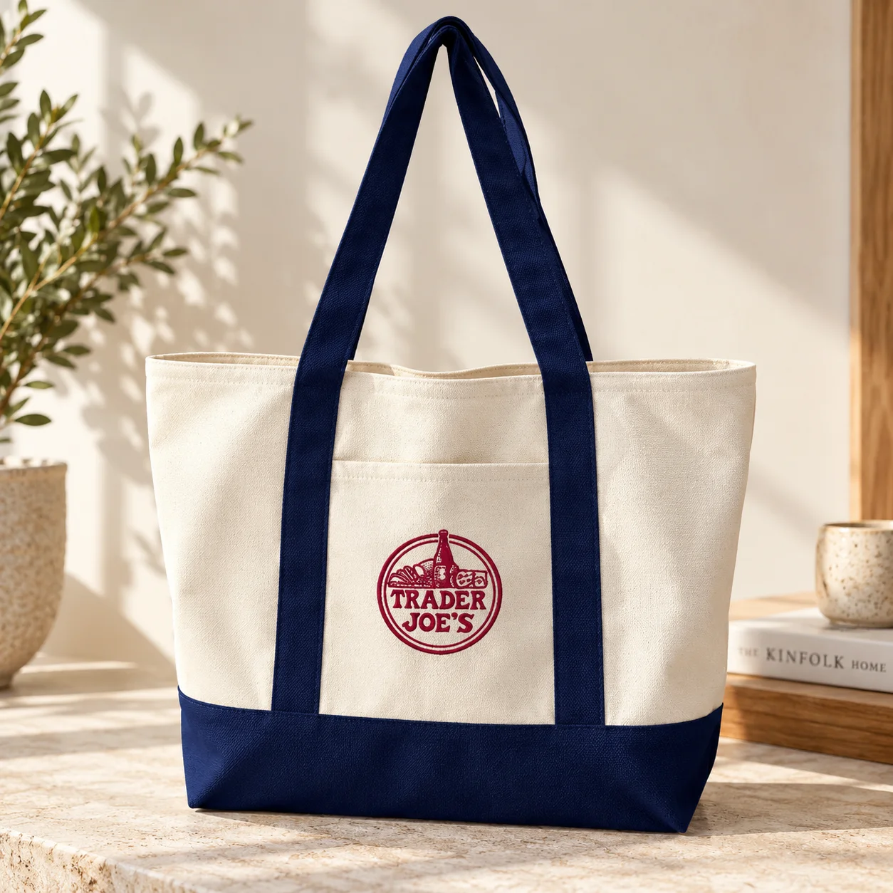 Large Canvas Tote Bag for Women, Reusable Shopping Shoulder Bag with Front Pocket, Casual Carryall for Work, Travel and Beach